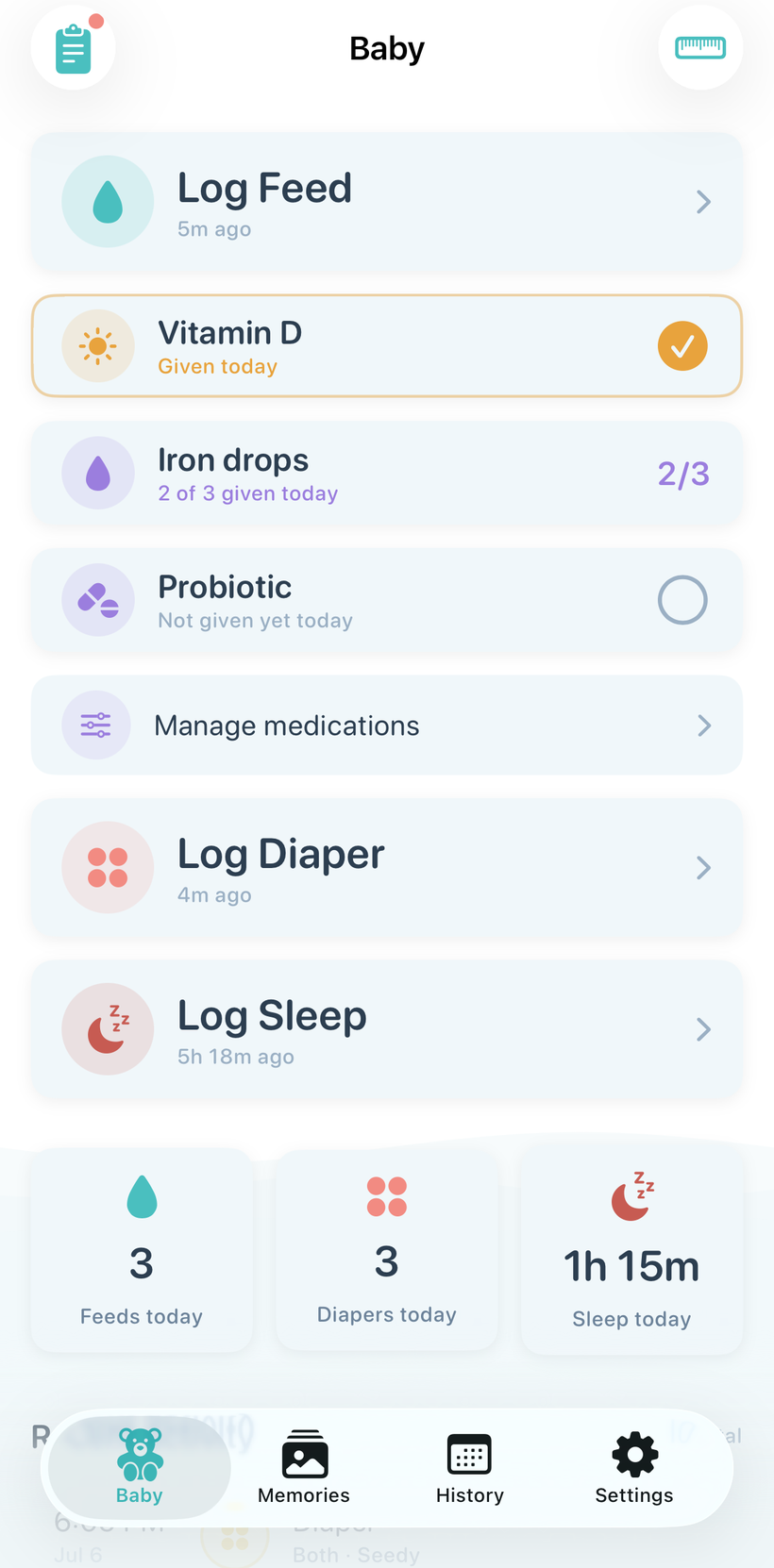 Guppy's Baby dashboard showing today's feeds, diapers and recent activity