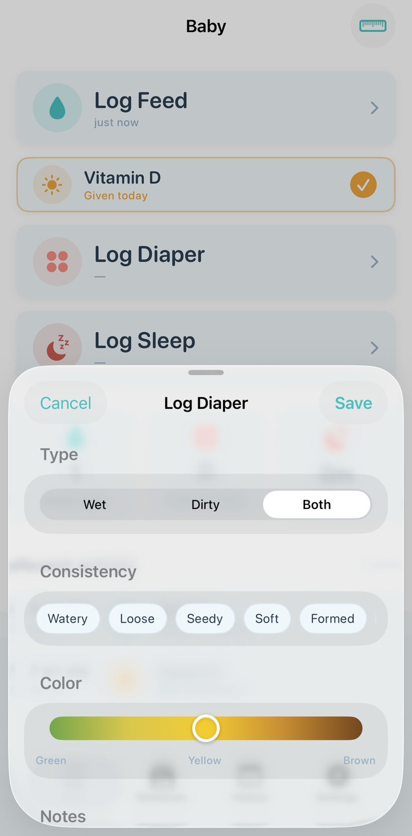Log a diaper with consistency and color